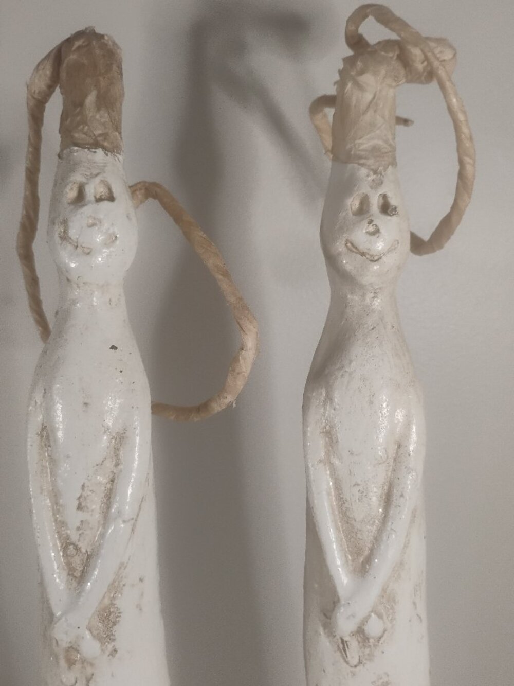 Set of 2 Tall White Ceramic Ghost Figurine Ornaments Folk Art Decor